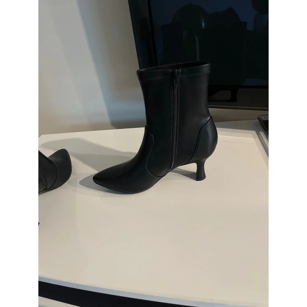 Black Pointed Toe Kitten Heel Ankle Boots Faux Leather Sock Booties Zip Up